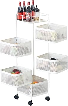 5 Tier Rotating Kitchen Storage Rack, Metal Mesh Rolling Storage Cart with Top Lid & Wheel, Fruit and Vegetable Basket for Kitchen,Grocery Corns,Potato,Onion, No Assembly
