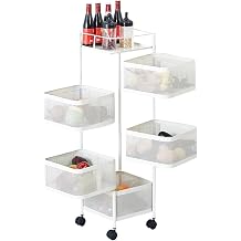 5 Tier Rolling Storage Cart, Metal Mesh Rolling Cart Organizer with Top Lid, Rotating Kitchen Storage Cart, Organizador de Frutas Y Verduras for Fruit Vegetable Grocery Storage No Assembly