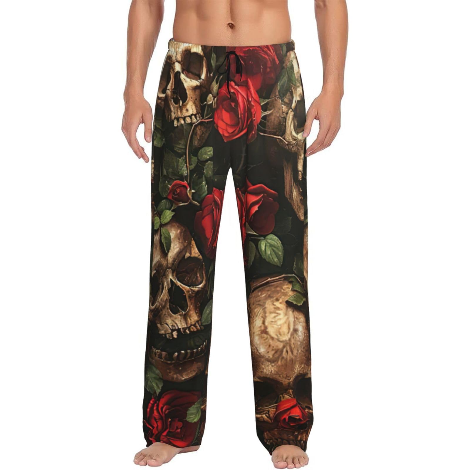 Yawea Men's Black Skull And Red Rose Print Pj Pajama Pants Bottoms Lounge Sleep Pants Sleepwear With Pockets Microfleece, Medium