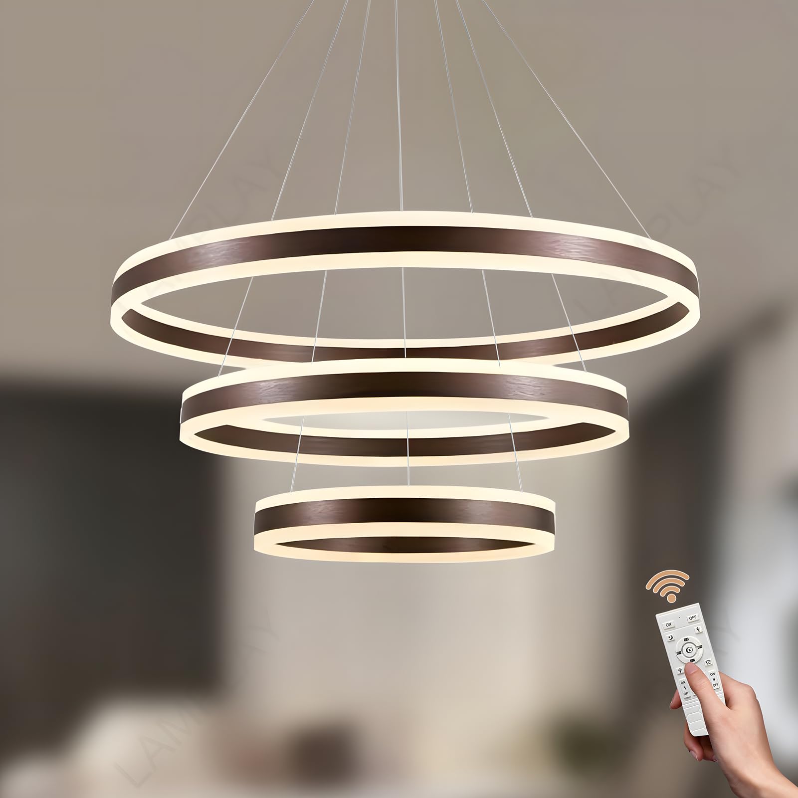 LAMPLAY Round LED Modern Pendant Light, 3 Brown Ring Chandelier, Dimmable with Remote Control 3000K-6000K Ceiling Light, Height Adjustable, Foyer Living Room Bedroom Kitchen Island (Ø20+40+60cm) — image 1