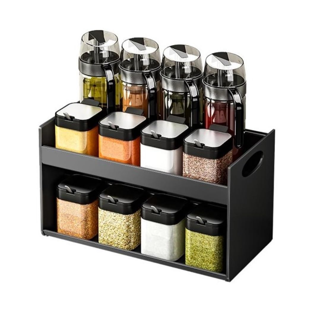 GTHTUHFD 2Tier Wallmounted Stainless Steel Spice Rack 201 Kitchen Organizer Shelf For Spices Condiments And Small Kitchen Items,Black-35 * 21 * 16cm