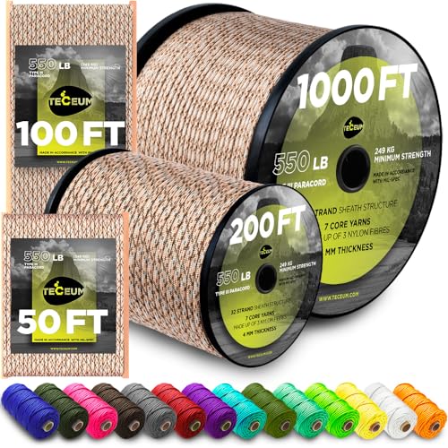 Image of TECEUM 5 /32 inch Paracord Rope 1000 - 1000ft / 200ft / 100ft / 50ft - Tactical Parachute Cord 4mm - 45+ Colors - Nylon String for Survival & Camping Gear - Stripe Cord for Survival - Utility Rope