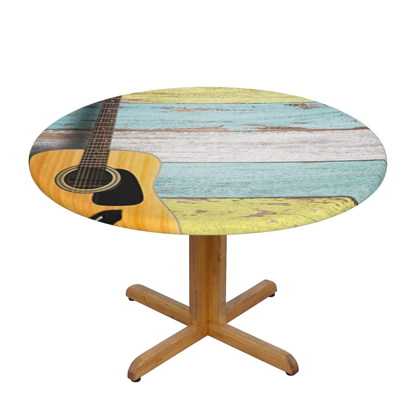 Ffshkowe Nice Guitar Elastic Round Tablecloth Oil Proof Table Cover For Dining Party Picnic