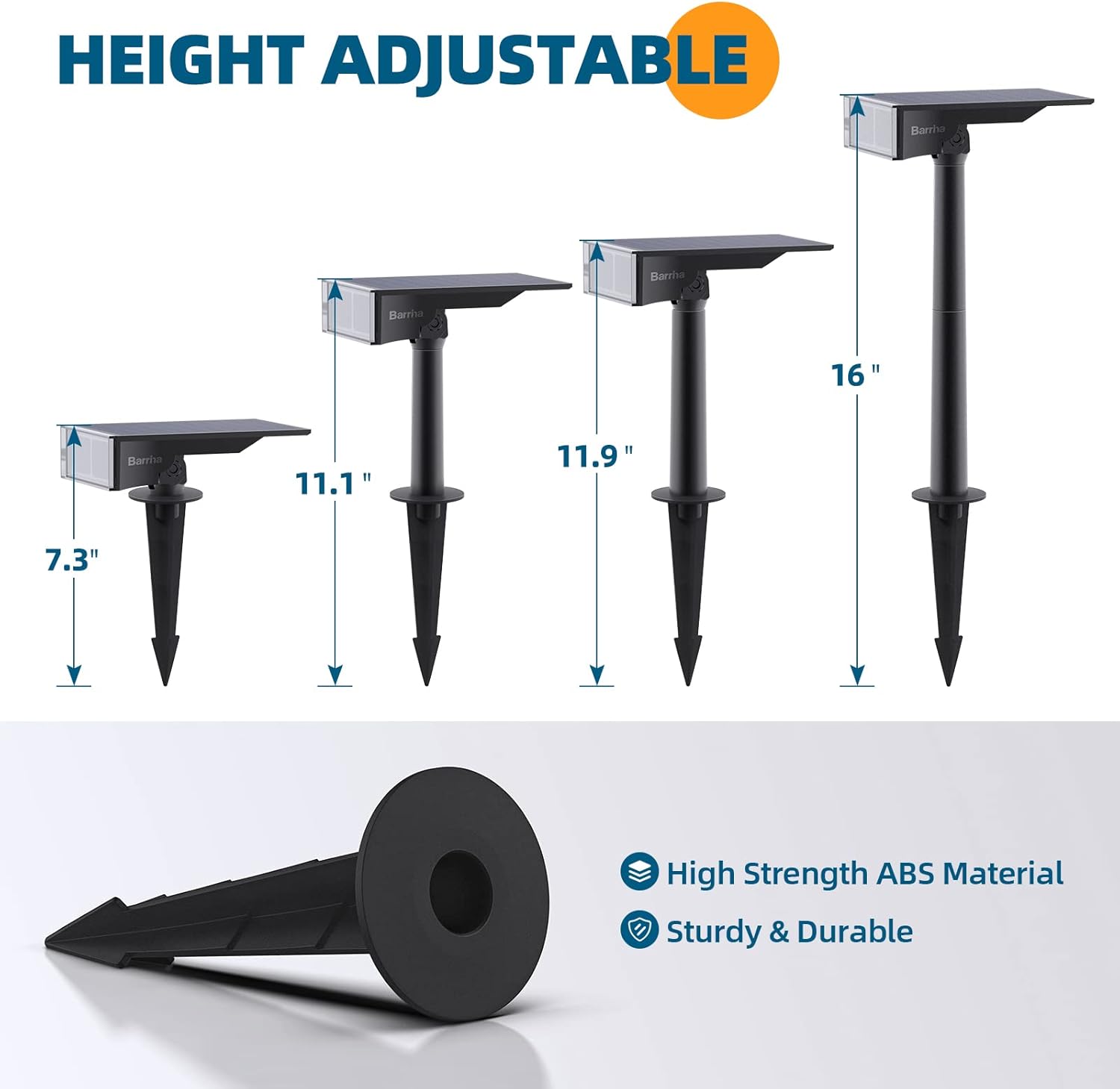 Barrina solar spot light showing adjustable heights from 7.3 to 16 inches.