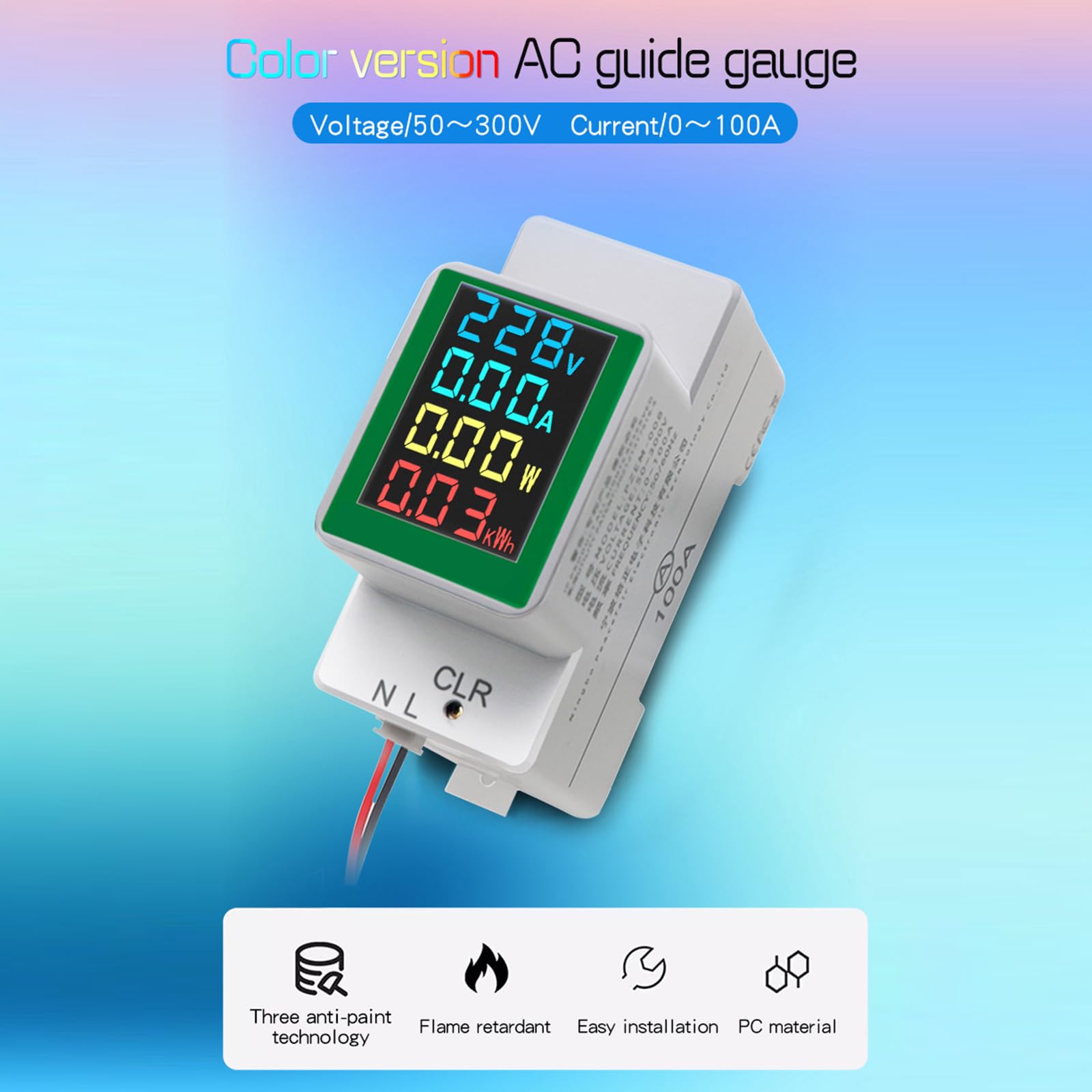 Medidor de energía, monofásico, carril DIN, consumo de energía, voltímetro, amperímetro, vatios, KWH, AC50-300 V, 100 A