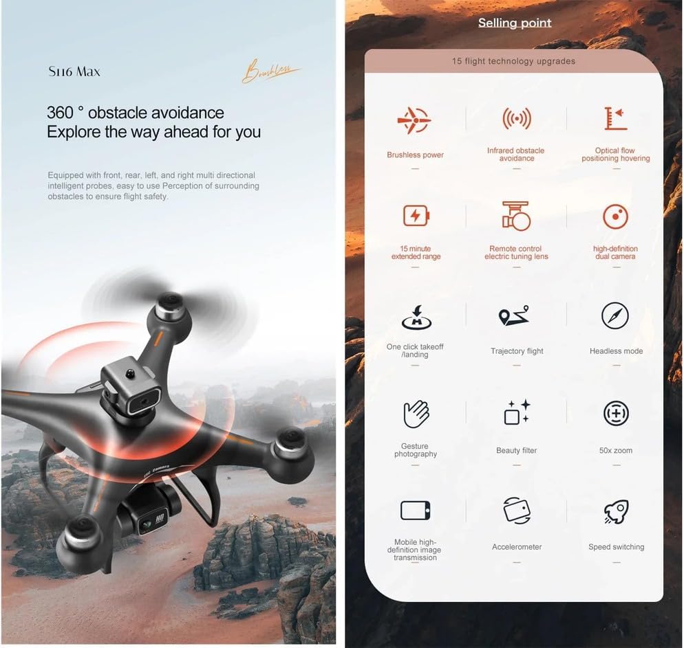 UAV Drone with Camera MAX Drone Professional 8K Dual Camera Optical Flow Brushless 360° Obstacle Avoidance WIFI FPV,Black