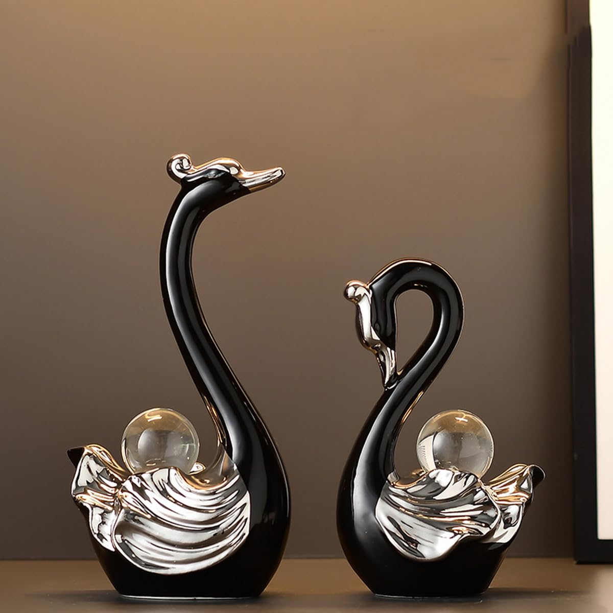 Hosoncovy Ceramic Swan Sculpture Statue Ornament Figurine Set of 2,Couple Swan with Crystal Balls Home Decoration Room Desktop Countertop Decor Lover Gift (Black)