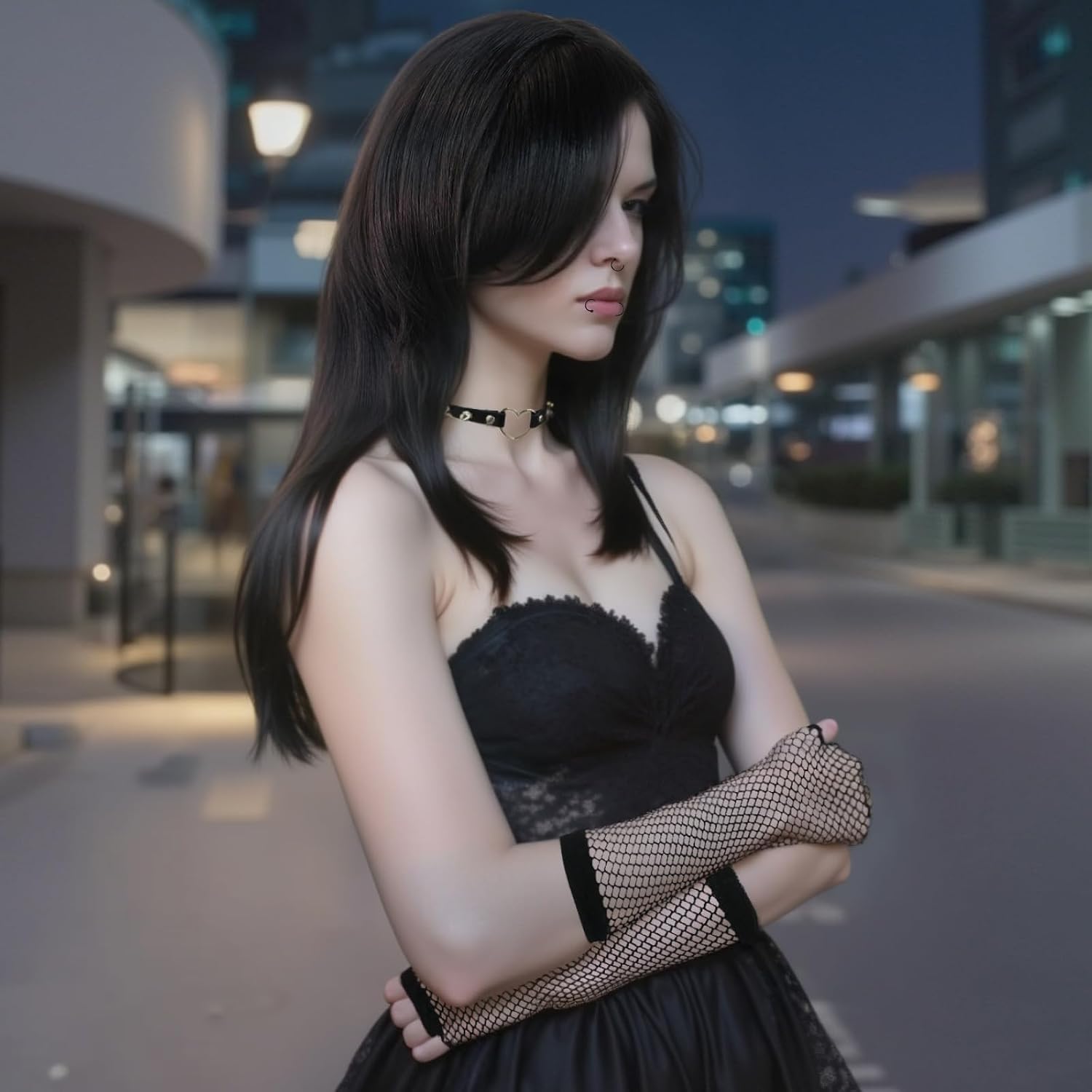 ANOGOL Hair Cap+ 8 PCS Set Emo Costume Women Long Black Wig Scene Wig 2000S Themed Party Outfits Pop Punk Party Goth Costume for Halloween Party (3 Fake Piercings, 1 Pair of Fishnet Gloves, 1 Choker)