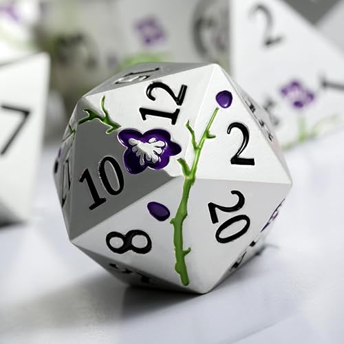 Miniatura 2 de DNDND - Juego de 7 dados metálicos metálicos pesados con estuche de regalo para juego de mesa de Calabozos y Dragones (plata mate con flor morada)