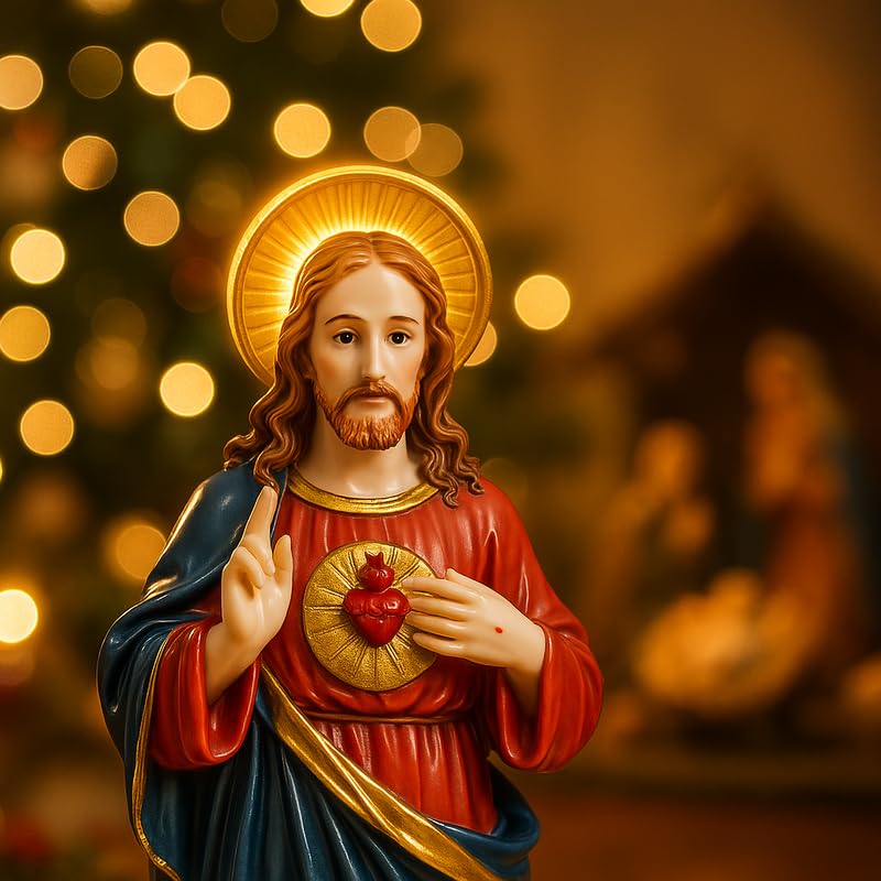 Image of Sacred Heart of Jesus Figurine | Xmas Prayer Church Idol, Glossy Marble-Look Statue for Home Decor, Car Dashboard Idol, Devotional Showpiece & Christian Festival Gift
