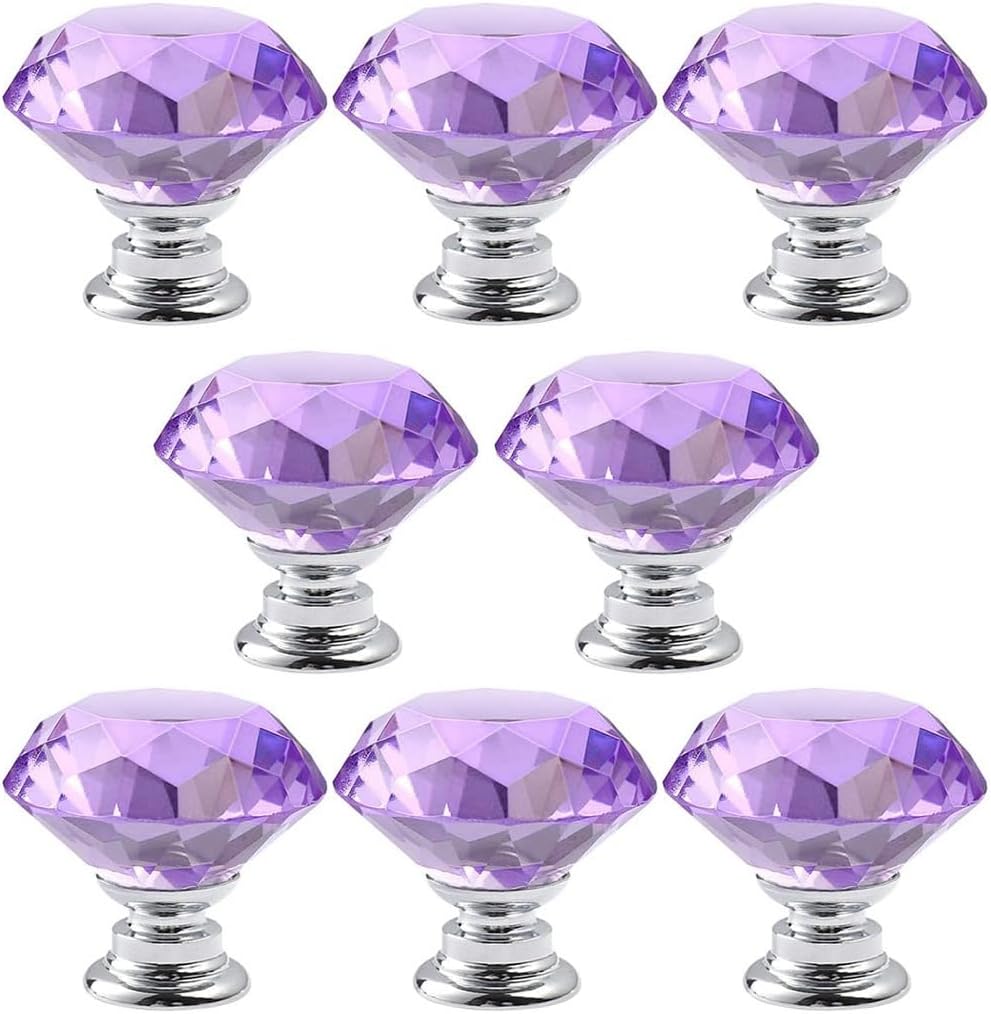 8 Pcs Purple Crystal Glass Cabinet Knobs Pulls, 30mm Diamond Decorative Kitchen Cabinet Handles for Dresser Drawer, Bedroom Wardrobe Pulls Bathroom Desk Knobs (8Pcs, Purple)