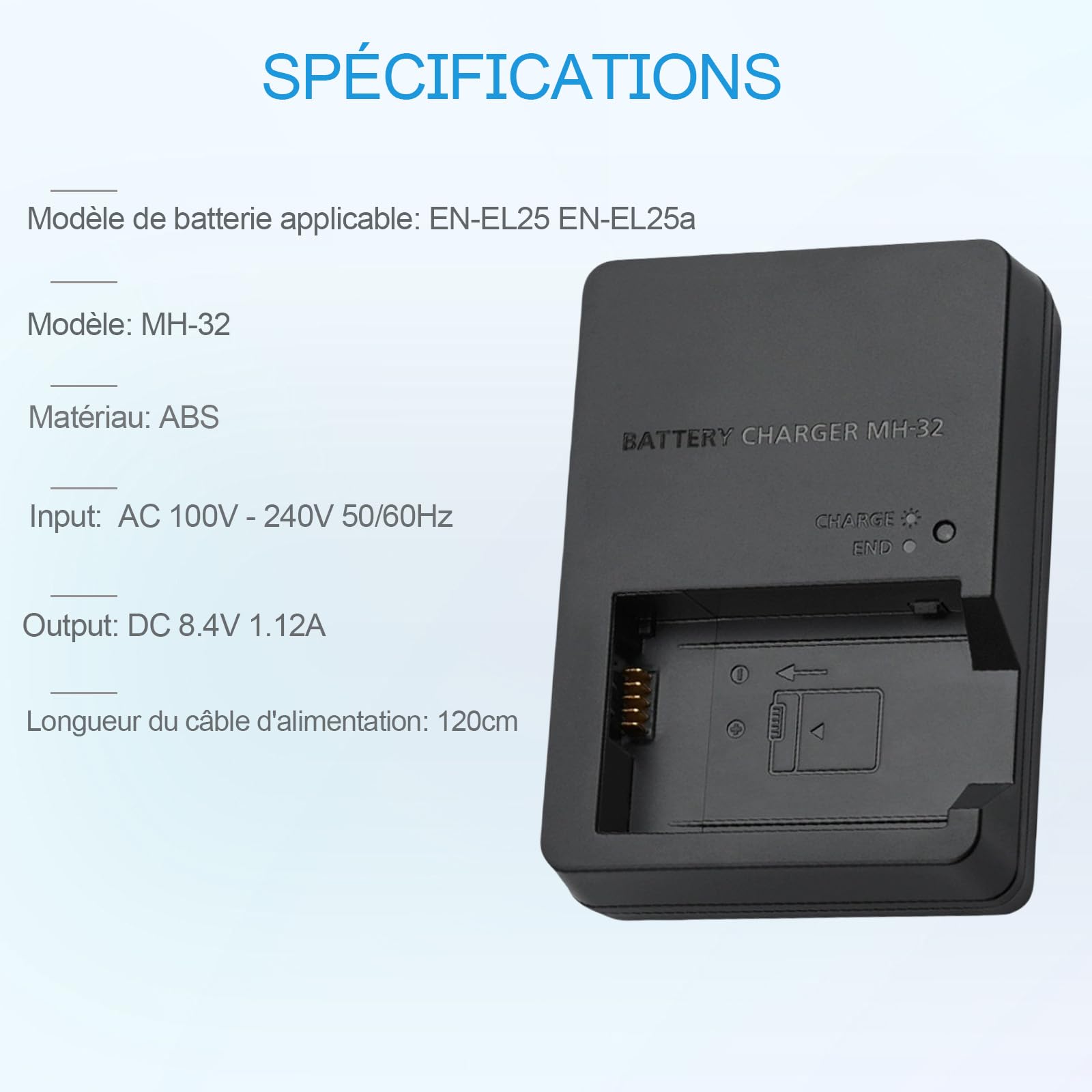 MH-32 Chargeur de Batterie Compatible avec Nikon EN-EL25 EN-EL25a Batterie Z50 Z50II ZFC Z30 Appareil Photo & 120cm AC Power Cord