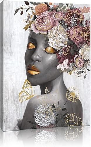 Arte de pared de mujer afroamericana americana abstracto de mujer negra cuadro floral rosa lámina dorada mariposa lienzo impreso para decoración de