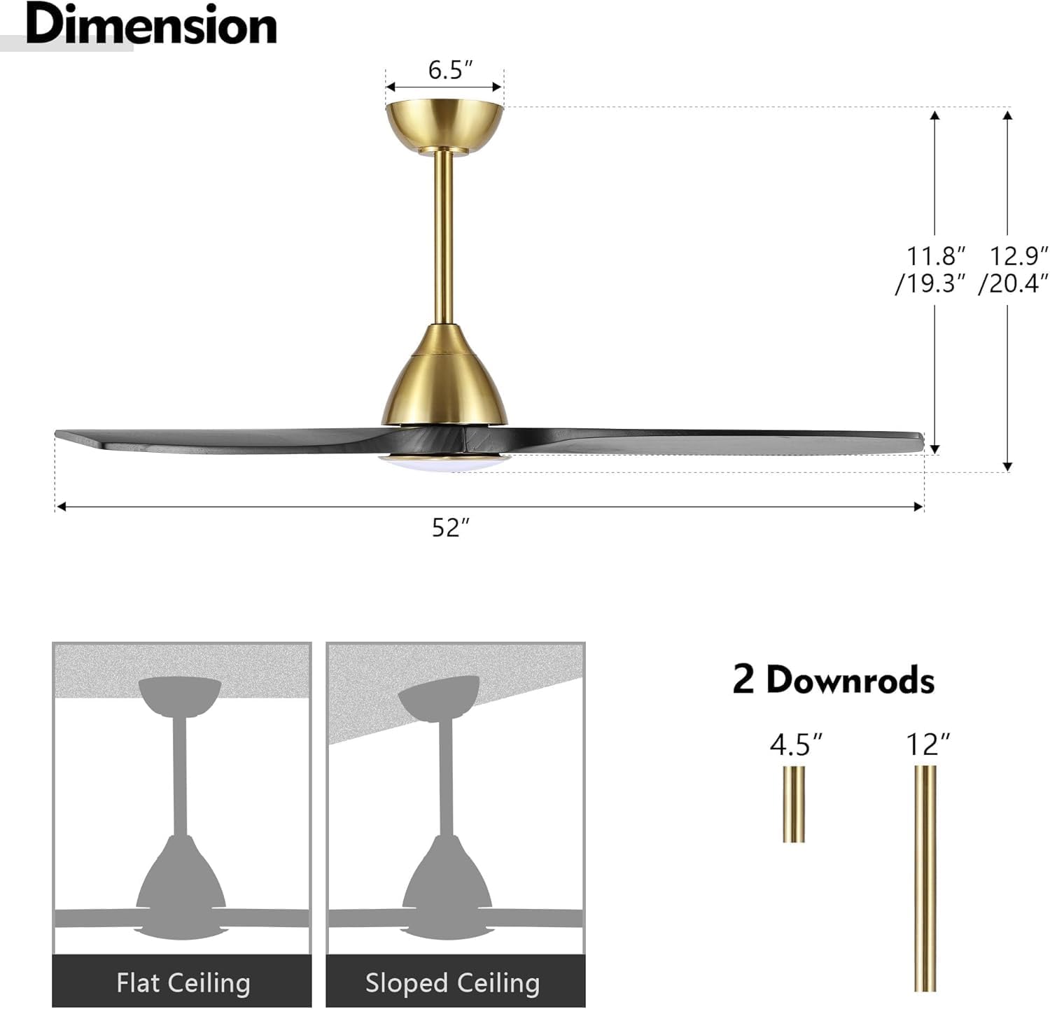 Ceiling fan dimensions and mounting options for flat and sloped ceilings with two downrod sizes