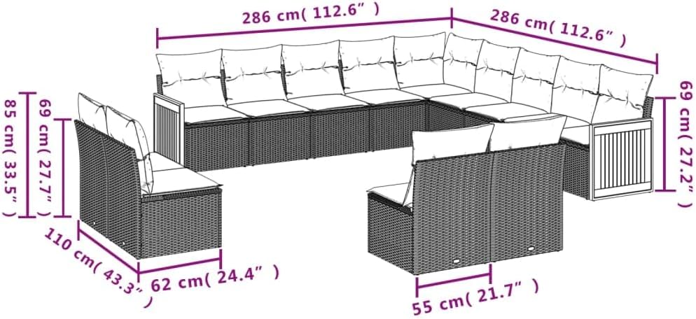 Patio Rocking Chairs,Patio loveseat,Apartment Patio Furniture,13 Piece Patio Sofa Set with Cushions Black Poly RattanSuitable for Patio, Garden, Gazebo Low
