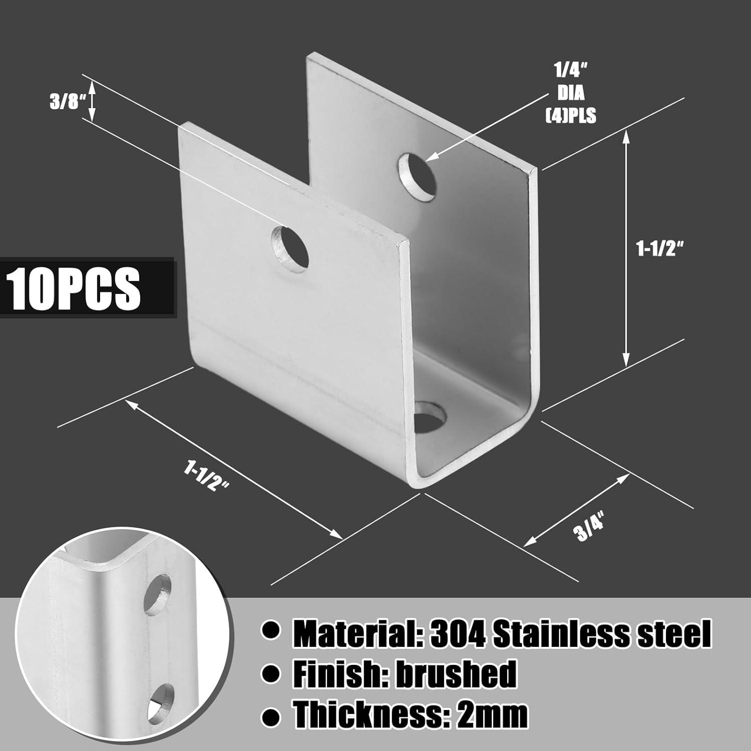 Gisafai 10 Pcs 3/4" Panels U Bracket Stamped 304 Stainless Steel Bracket Thickness 2 mm Installation Fasteners for Mounting Indoor Outdoor Door Partitions Pilasters