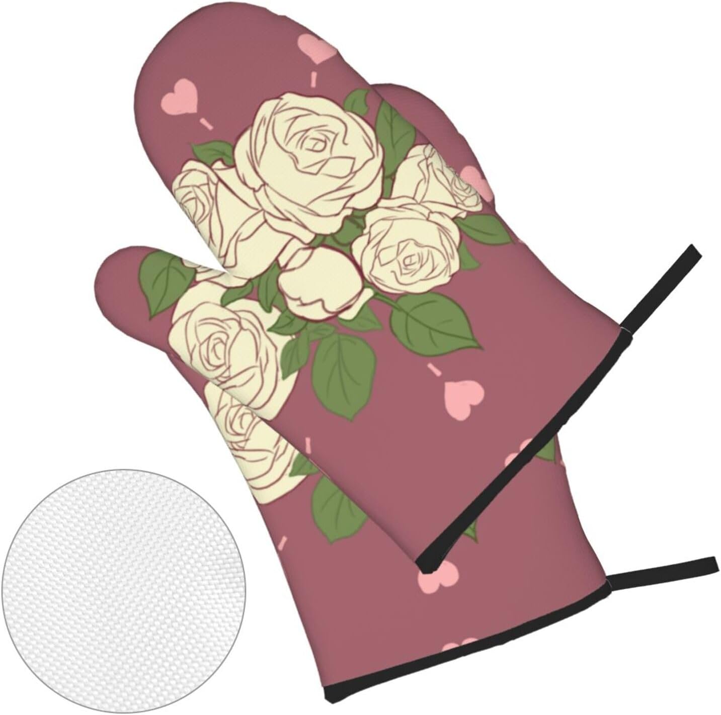 White Rose of Love Oven gloves and heat-resistant mat 4-piece set. Suitable for grilling, microwave oven frying, and baking