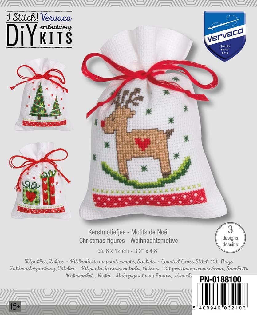 Vervaco Counted Cross Stitch Sachet Bags Kit 3.2"X4.8" 3/Pkg-Christmas Figures (18 Count) -V0188100