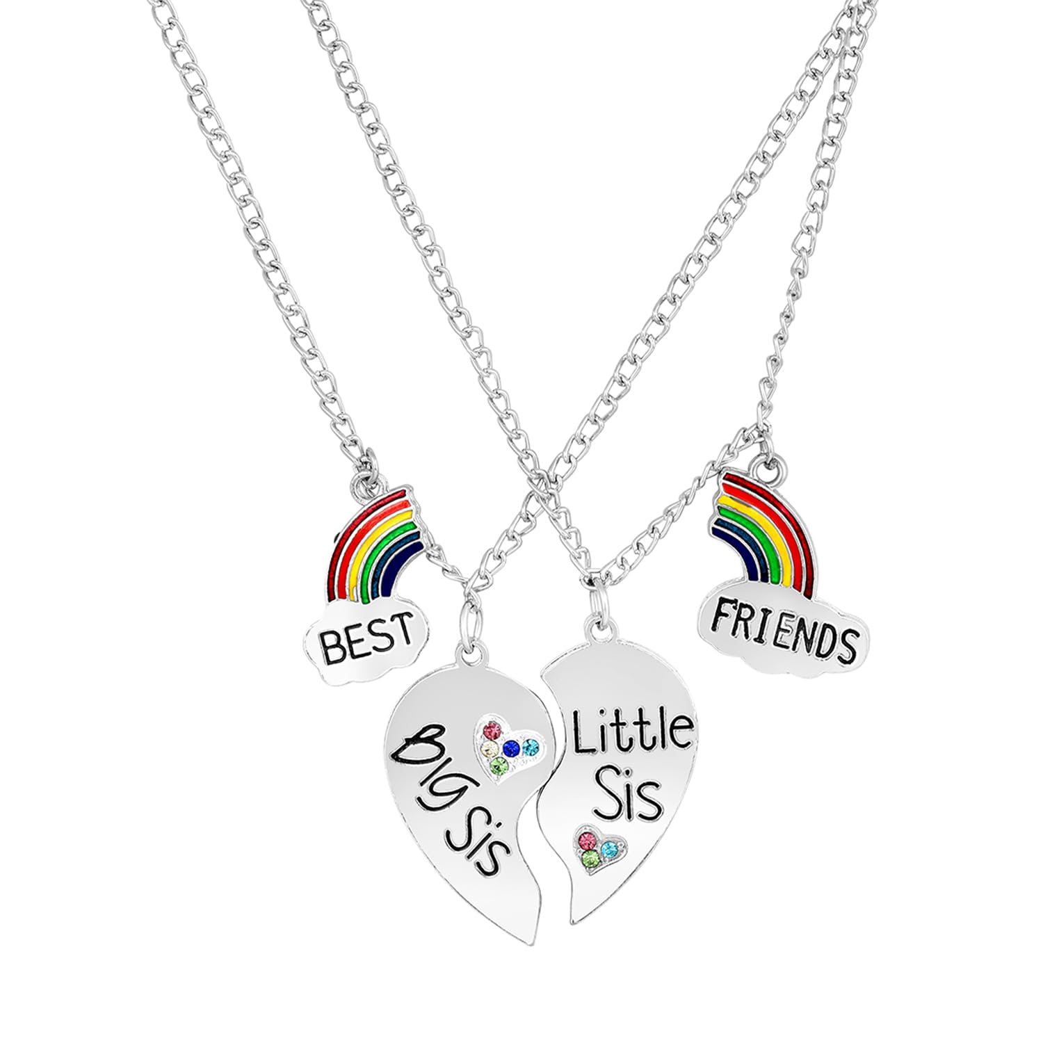 Rainbow Best Friends BFF, Broken Heart Small Sis and Big Sis Pendant Necklace Chain with Crystals for Girls and Womens (PSCO1101855R)