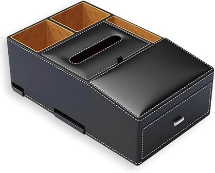 Car Center Console Organizer Box for Volkswagen ID.4 Pro/ID. Buzz 2021-2025, Leather Armrest Storage Box with Drawer Cup Holders Tissue Box Holder,Black