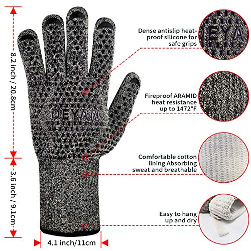 BBQ Grill Gloves, 1472℉ Heat Resistant Oven Gloves, High Temp Resistance Fireproof Glove, Kitchen Hotproof Cooking Mitts for Grilling, Smoking, Baking, Frying