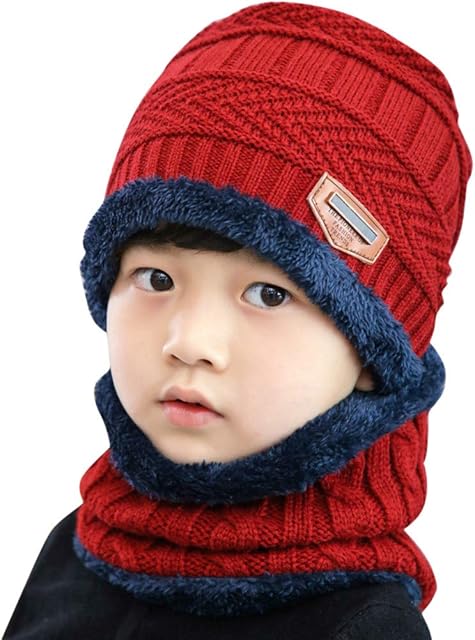 Warm Winter Piece Two for Kid Hats Hat+Scarf Set Contrast Fleece Colors Knitted Kids Hat Warm Hat for Infant Boy