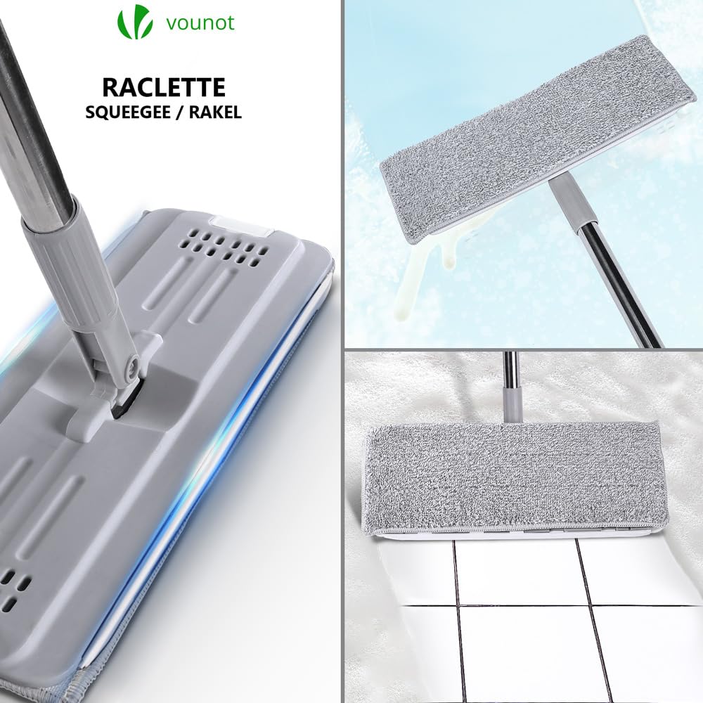 VOUNOT® Juego de Fregona y Cubo Escurridor 2 Compartimentos, Mopa Plana Microfibra con 6 Almohadillas Reutilizables, Trapeador Giratorio 360° Limpieza Suelos Madera, Laminado, Baldosas y Mármol, Gris