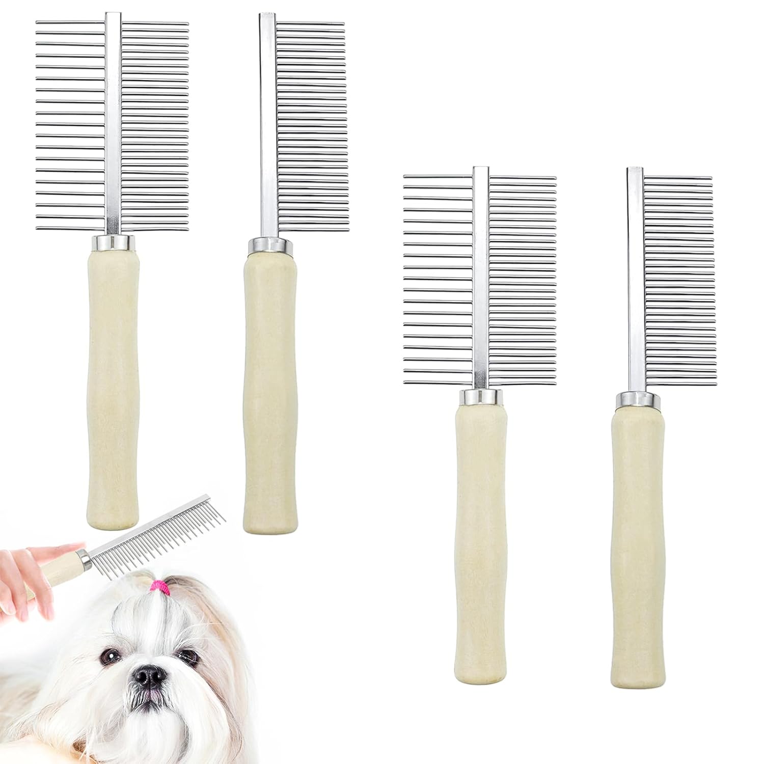 4 PACK Dog Cat Pet Comb Stainless Steel Cat Double-Sided Grooming Brush Professional Dog Grooming Comb Pet Hair Brush Cat Flea Comb for Long Short Hair Fur Brush Tool