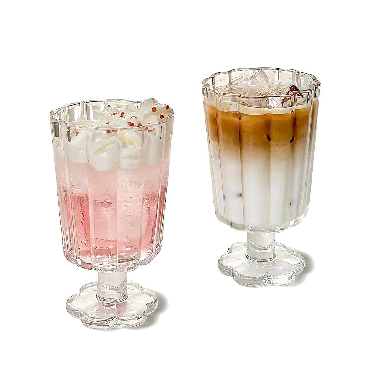 Fuß Eisbecher Trinkgläser Set von 2 (Durchsichtig), Blütenblatt Stil Glas Becher, geeignet für Saft, Eis, Cocktails, Dessert Mehr.