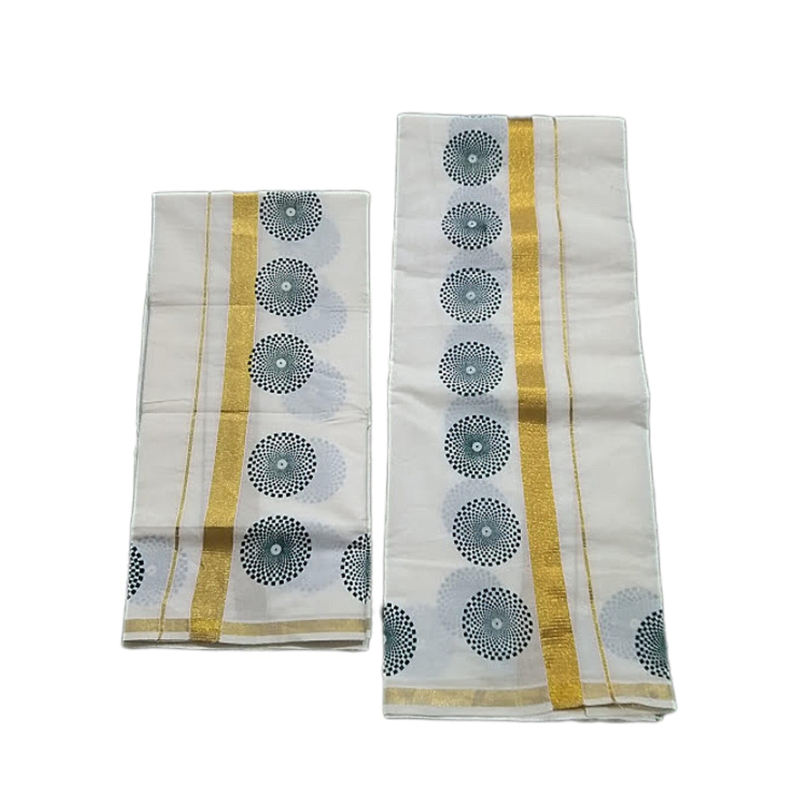 KUTHAMPLLY PURE COTTON 1 INCH KASAVUKARA GEOMETRIC CIRCLE DESIGN PRINTED SETMUNDU. PURE COTTON ONAM SETMYUNDU.-image-37
