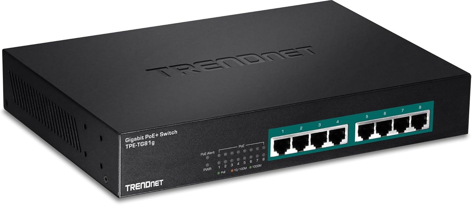 TRENDnet 8-Port Gigabit GREENnet PoE+ Switch, TPE-TG81g, 8 x Gigabit PoE+ Ports, Rack Mountable, Up to 30 W Per Port with 110 W Total Power Budget, Ethernet Network Switch, Metal, Lifetime Protection