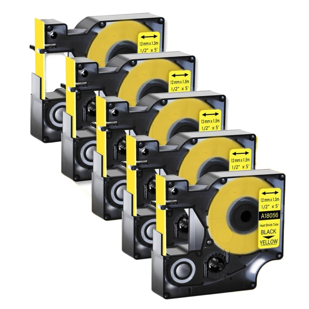 Paquete de 5 Etiquetas de Tubos termorretráctiles Negros sobre Amarillo 18054 18056 18058 6 9 12 19 24 mm compatibles con Fabricantes de Etiquetas 4200