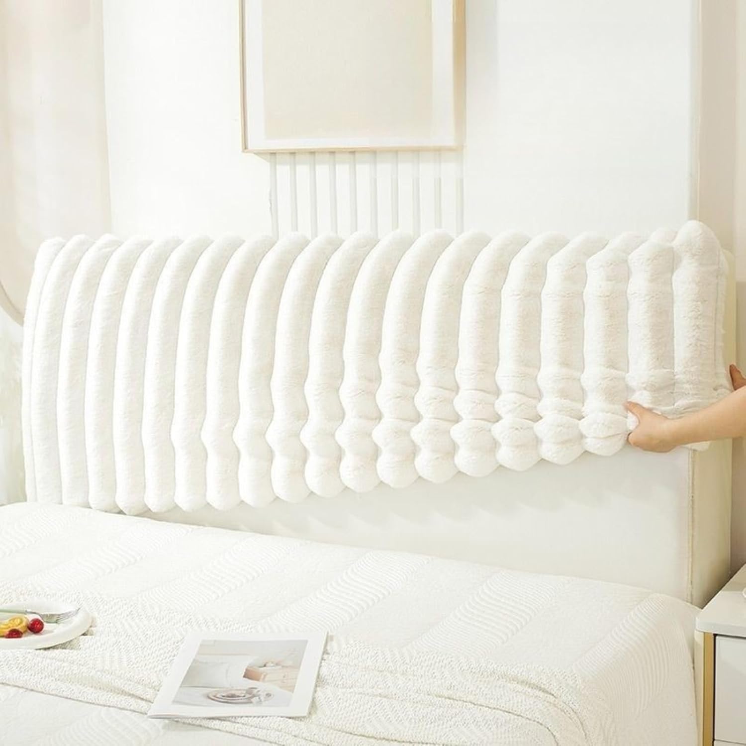 Plush Bed Headboard Cover Queen King Full Twin Size Bed Headboard Slipcover Warm Soft Dustproof Protector Cover for Bed Headboard (White,Queen:150cm/59in)