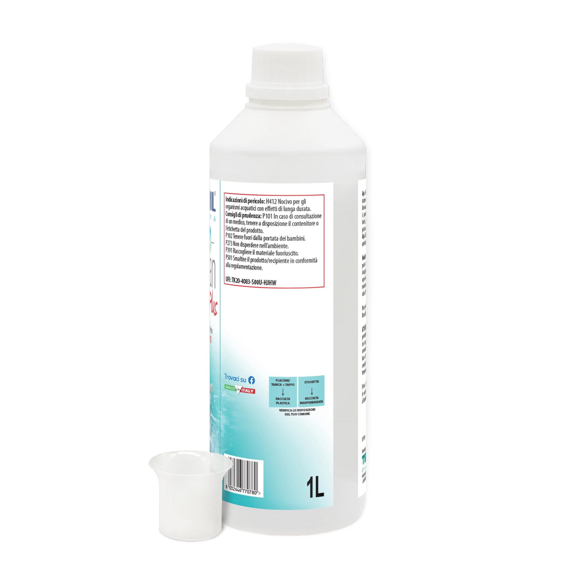 Metacril Alga Clean Plus + Gobelet doseur gradué, élimine Les algues, Non moussant, bleuissant et éclaircissant, pour piscines et spas d'hydromassage - 1 LT