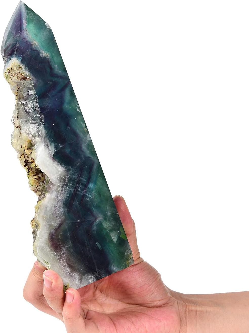 AMOYSTONE Decorative Quartz Obelisk Slab Pointed Natural Fluorite Slab Block Heavy 2-2.8 LBS, Crystal Lover Collection, Gifts, Home Décor