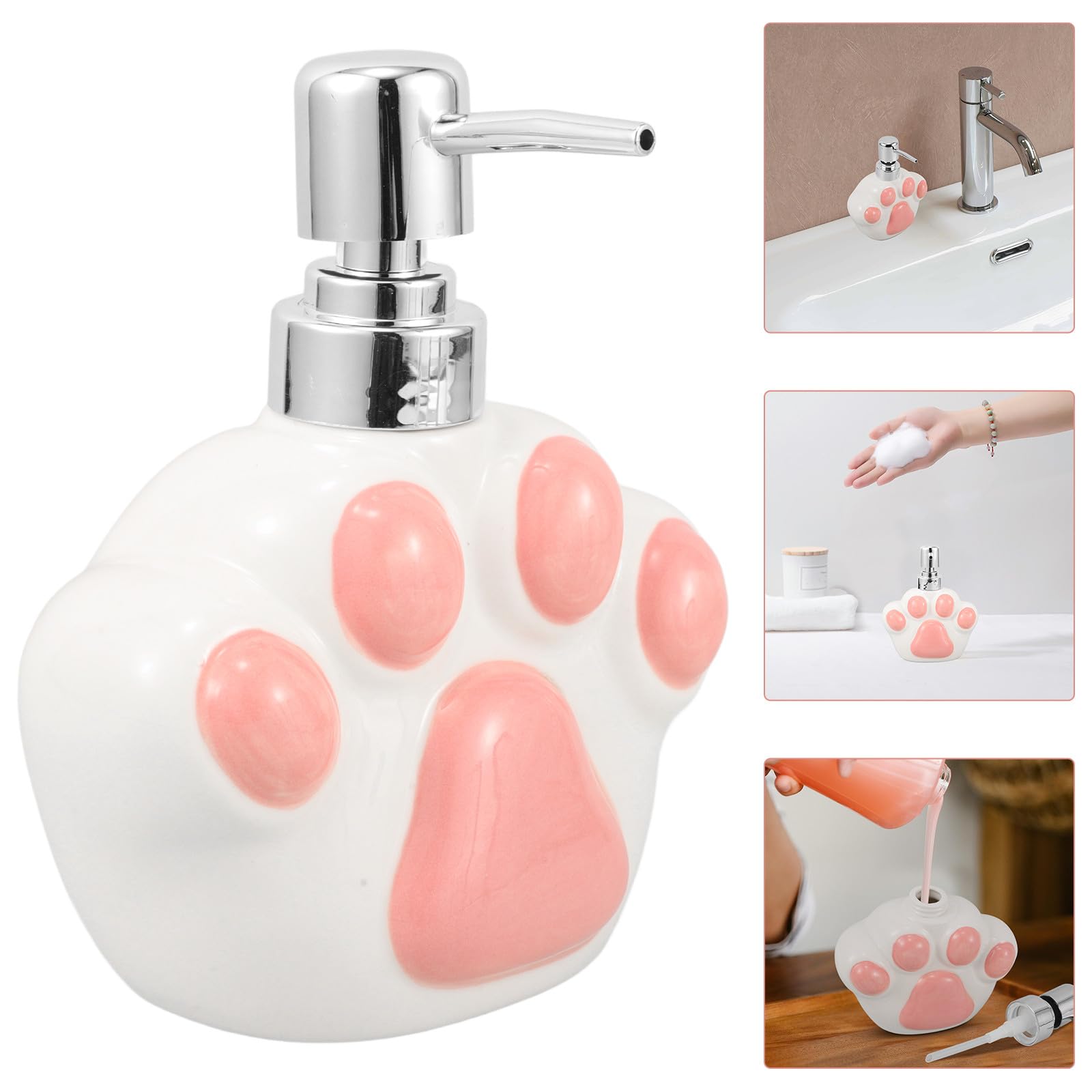 Ipetboom Dispenser di Sapone da Bagno Ricaricabile in Ceramica a Forma di Zampa di Gatto, Bottiglia Erogatrice Compatta Anti-perdite per Sapone Mani e Bagnoschiuma, per Uso Domestico