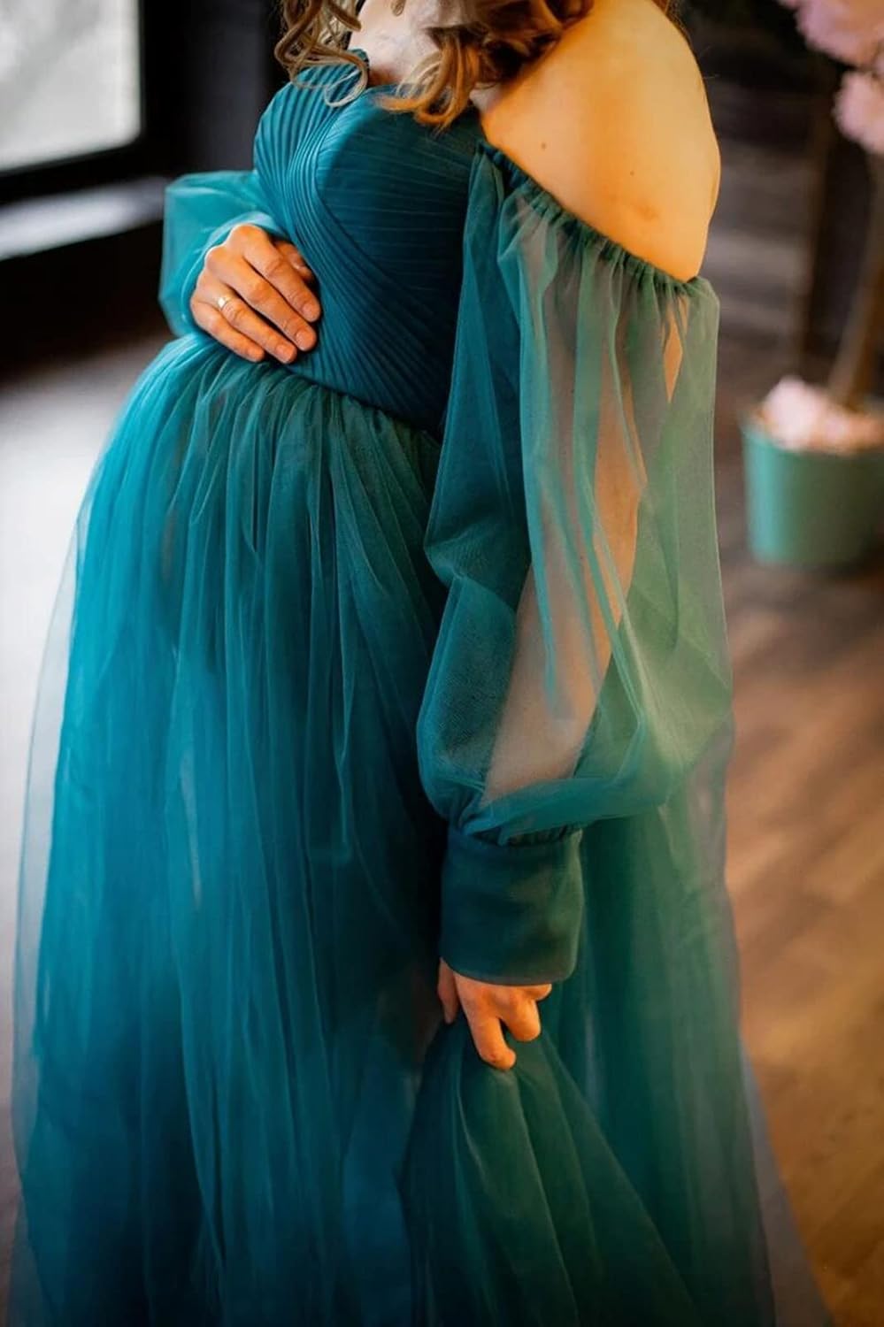 Maternity Tulle Robe for Photoshoot Off Shoulder Ladies Dressing Gown Long Sleeve Perspective Pregnancy Dress
