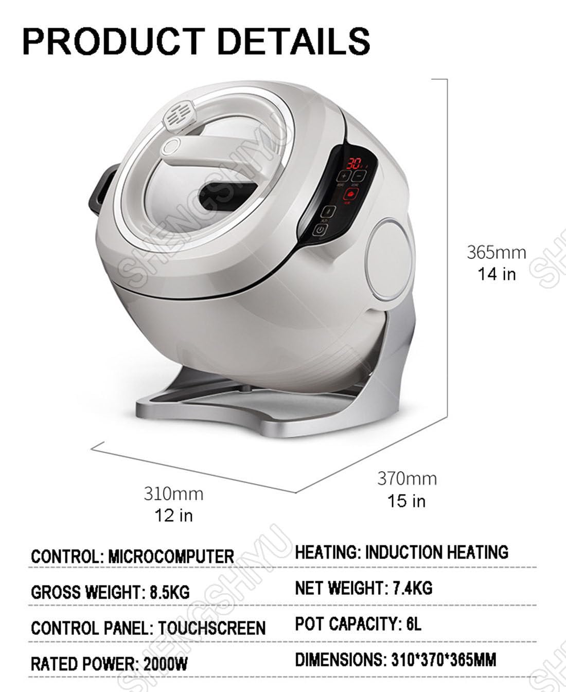 Robot Cucina Multifunzione 2000W Potenza,6L capacità,3 Livelli di Potenza e Rivestimento Ceramico Antiaderente,360° Rimescolamento Automatico per Saltare/Stufare/Servire