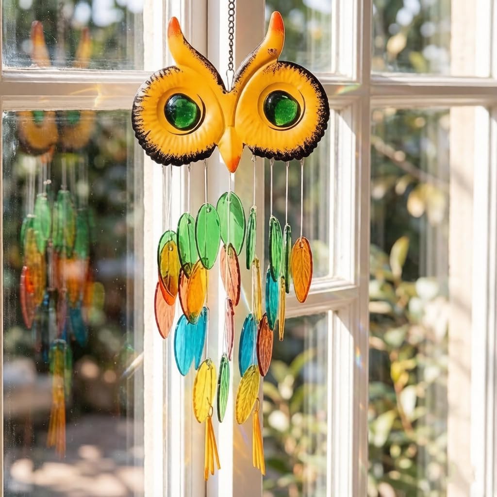 HOTIYOK Stained Glass Owl Wind Chime Suncatchers, Handcrafted Metal & Glass Wind Chimes for Outside, Unique Hanging Garden Decor for Patio Porch Yard Outdoor, Mother’s Day Birthday Gift for Women Mom