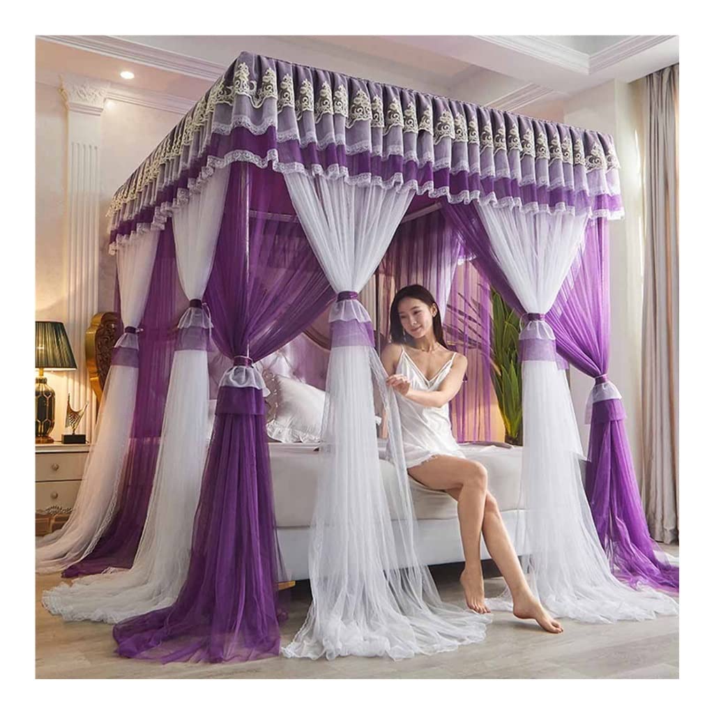 Dosel de cama de 4 postes sofisticado con cortina decorativa de malla doble premium