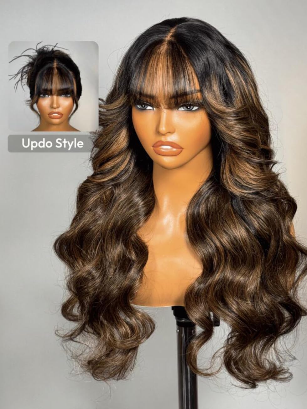 UNICE 7x5 Lace Closure Wig Human Hair Glueless Drawstring Wig Pre Plucked Pre Cut Bleached Knots Fluffy Loose Wave Wigs with Wispy Bangs Balayage Highlights Natural Look 180% Density 20 inch