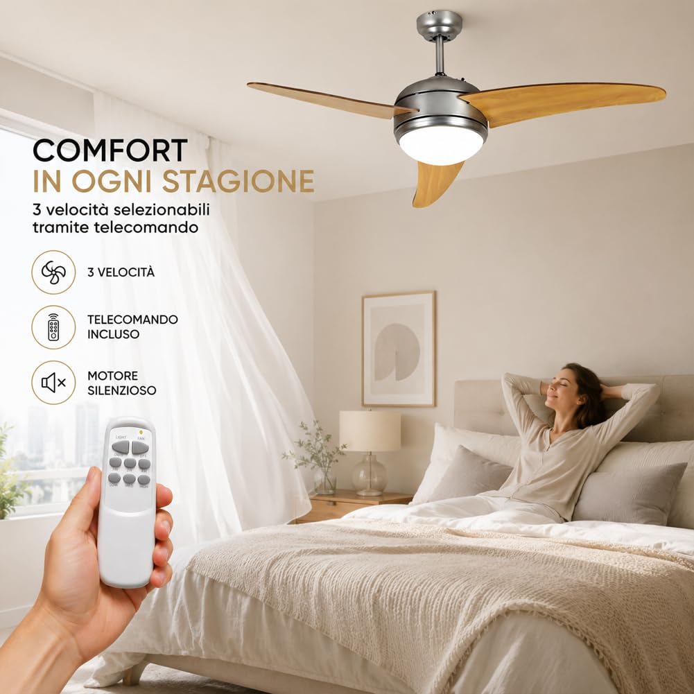 BAKAJI Ventilatore Lampadario da Soffitto 3 Pale in Legno con Lampada in Vetro Satinato 3 Velocità e Telecomando per Comando a Distanza Diametro 130cm Colore Silver e Legno Naturale