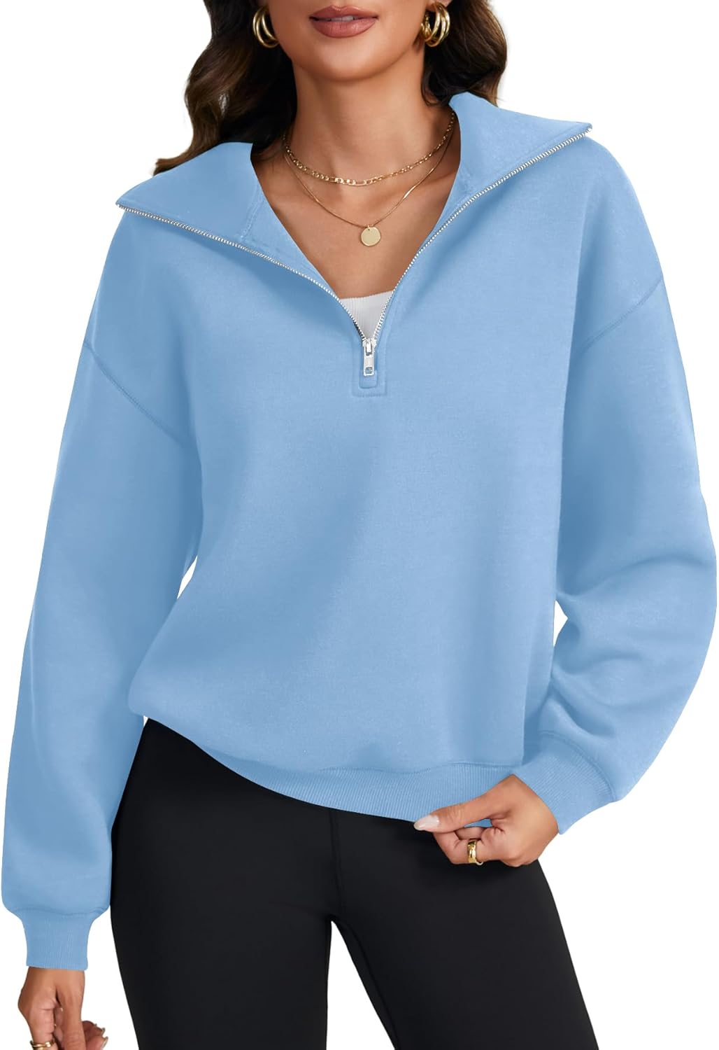 LYANER Women's Half Zip Long Sleeve V Neck Collar Drop Shoulder Pullover Casual Sweatshirts
