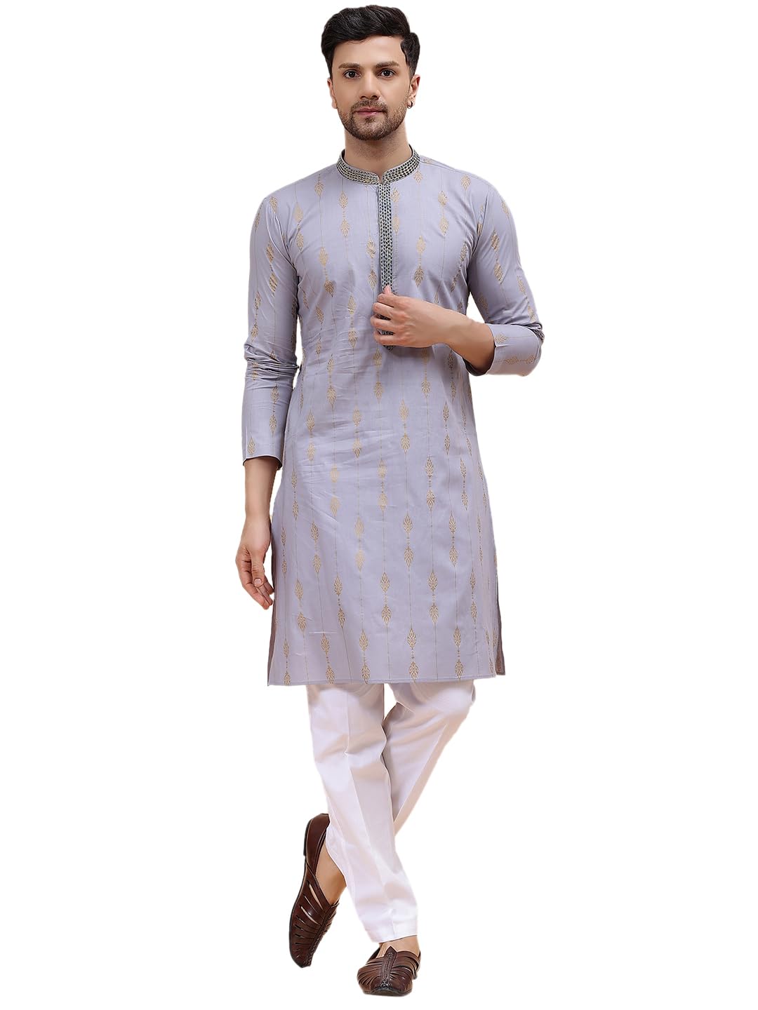 See Designs Grey & White Cotton Regular Fit Embroidered Kurta Set Mandarin Collar Long Sleeves_Sdekt127301M