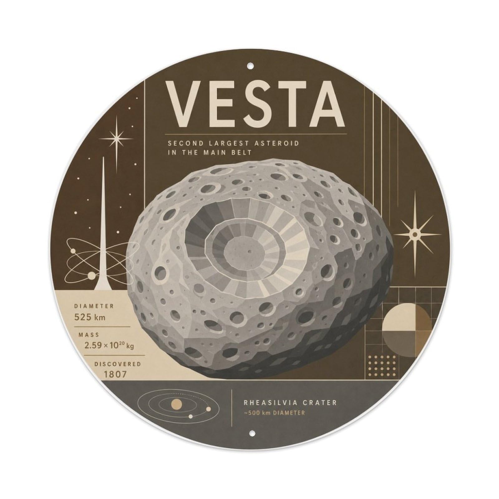 Vesta Asteroid Cosmic Orbit Deep Space Astral Galaxy Metal Tin Sign Plaque Wall Decor for Cafe, Man Cave, Club Bar, Office, Home Garden Round Metal Poster 8x8Inch