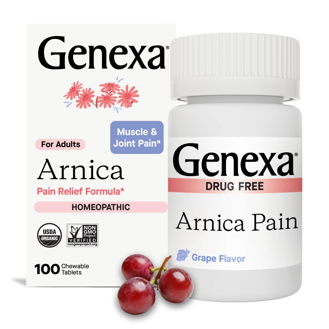 Genexa Arnica Pain Relief Remedy - 100 Chewable Arnica Tablets - Certified Vegan, Organic, Gluten Free & Non-GMO - Homeopathic Remedies