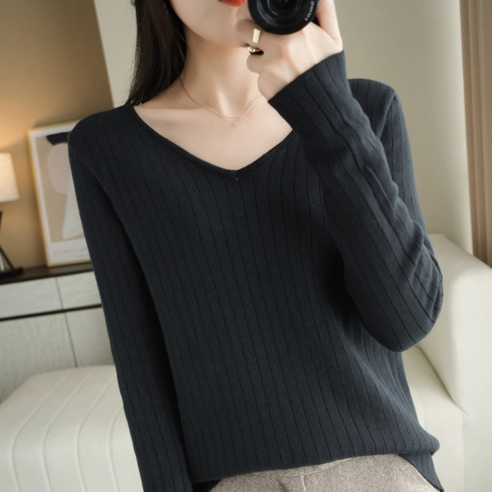 Suéter De Invierno para Mujer - Otoño/Invierno Mujer Más Suéter De Lana Gruesa Moda Suéter con Cuello En V Color Sólido De Manga Larga Forrado De Vellón Cálido Invierno Cálido Camisa De