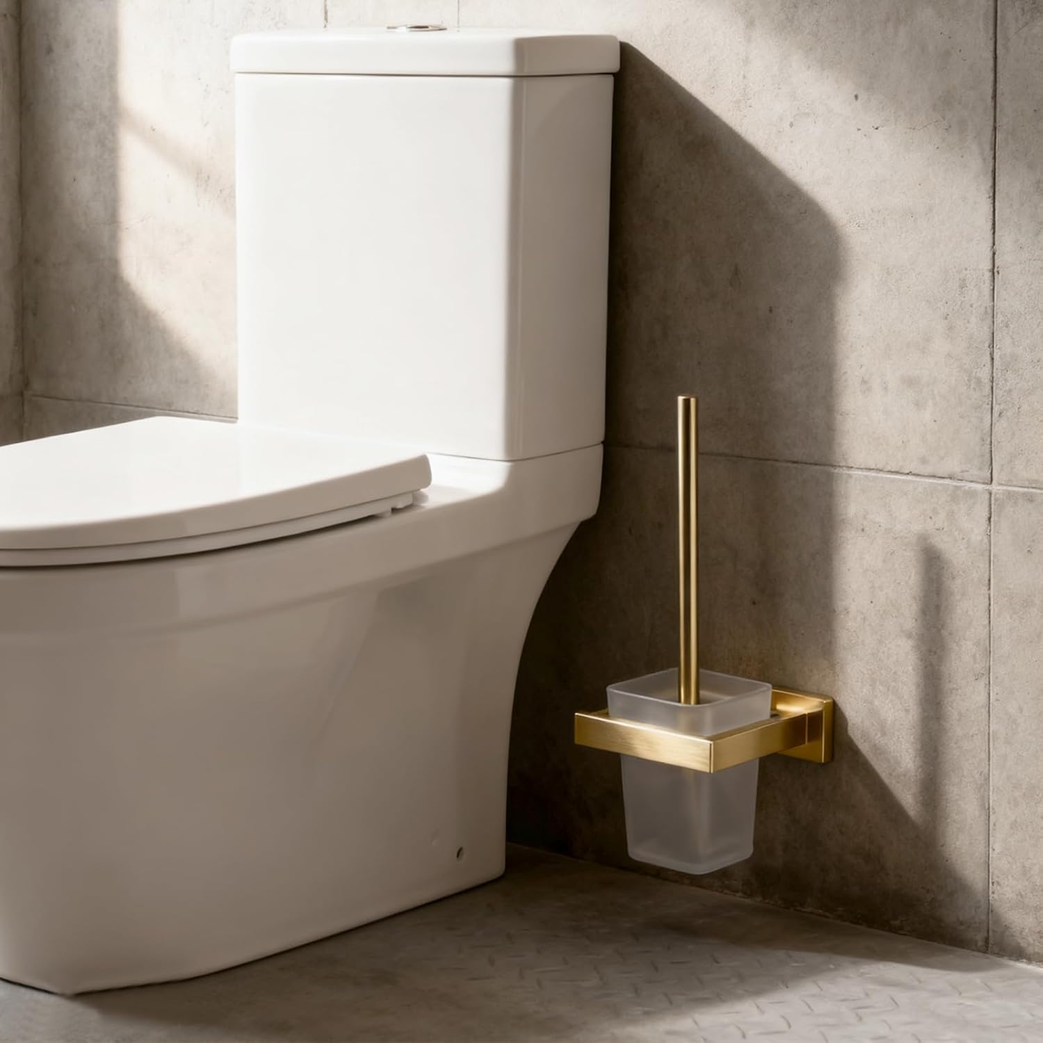 Brushed Gold Toilet Brush and Holder Set, NEWRAIN Wall Mounted Toilet Bowl Brush with Long Handle, Stainless Steel Toilet Brushes for Bathroom-Space Saving
