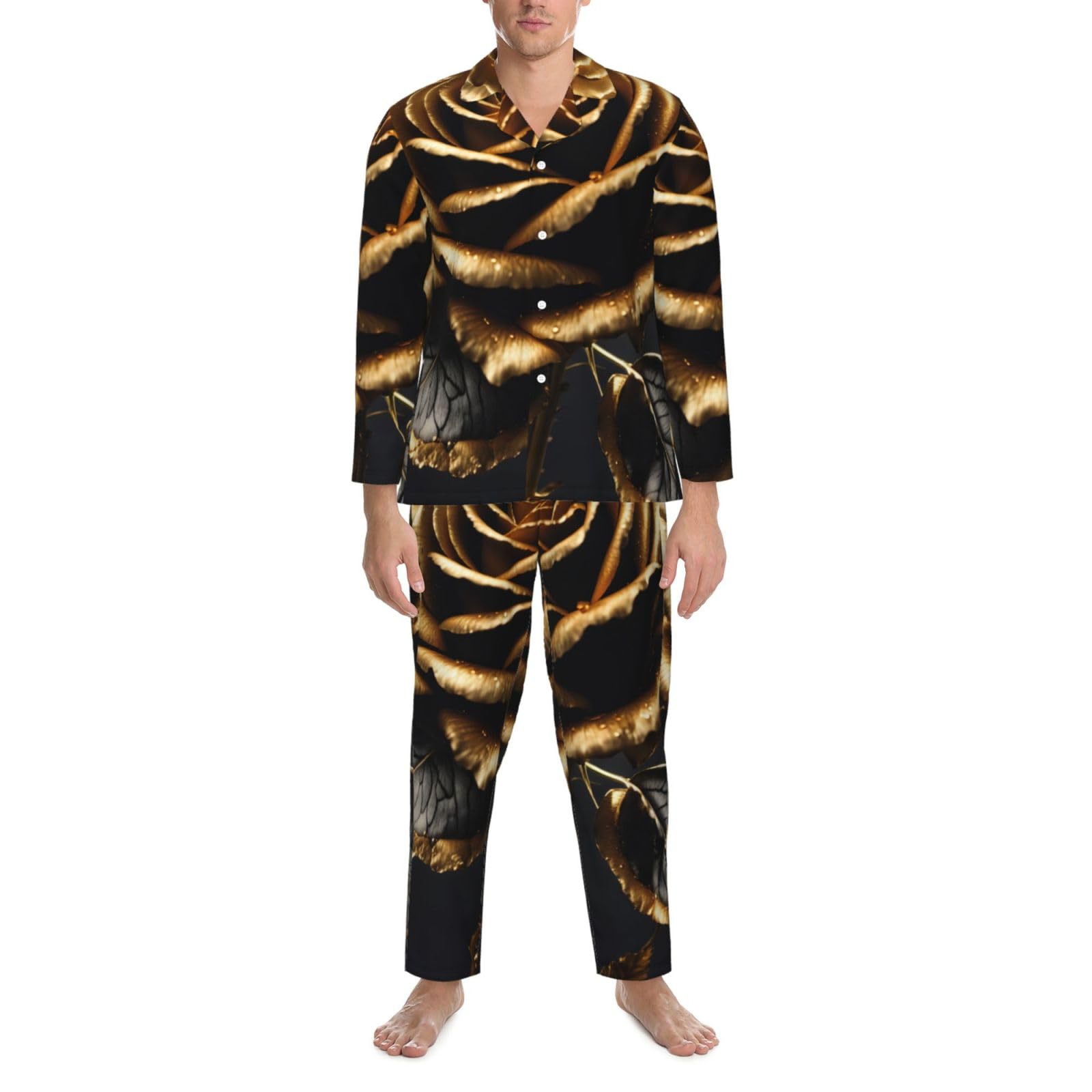 Nero E Oro Fiori Stampa Uomini Manica Lunga Pigiama Set Due Pezzi Lounge Pantaloni Per Inverno Autunno Primavera Estate