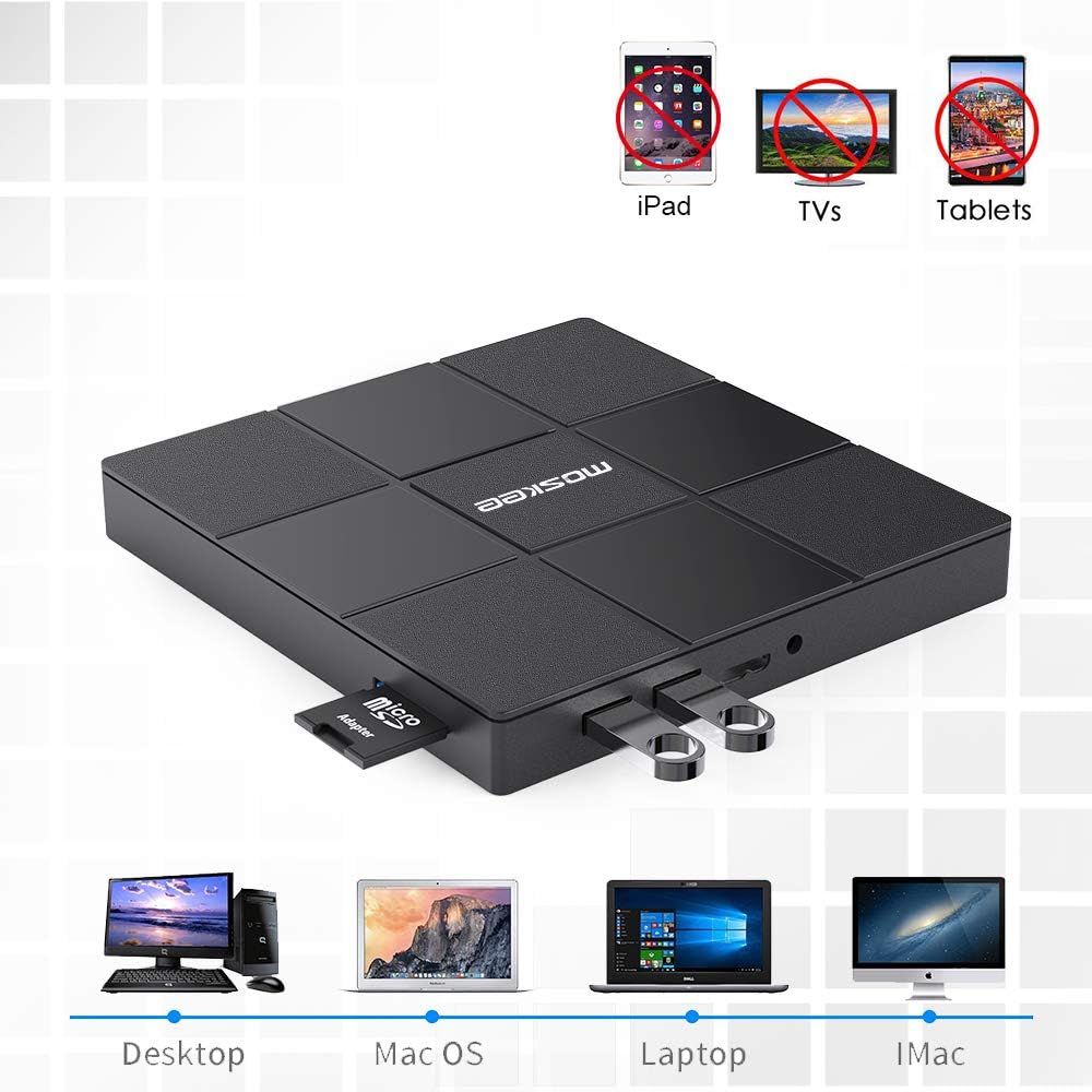 Moskee Type C External CD DVD Drive,with USB Port SD Card Slot USB 3.0 Portable CD/DVD +/-RW Drive Rewriter Burner Data Transfer for MacBook,Laptop,Windows,Linux and Mac OS